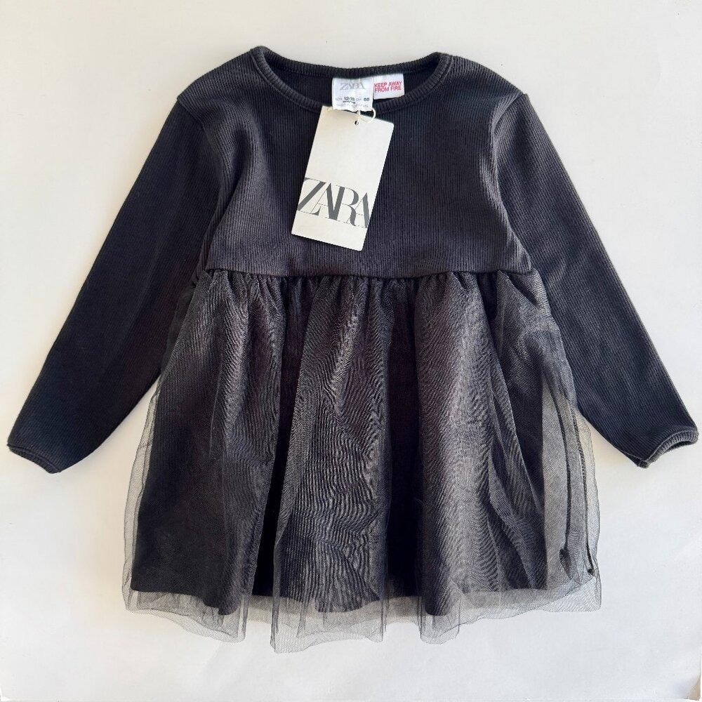 ZARA Ribbed Tulle Dress | Long Sleeve, Black | 12–18M | NWT (new with tags)